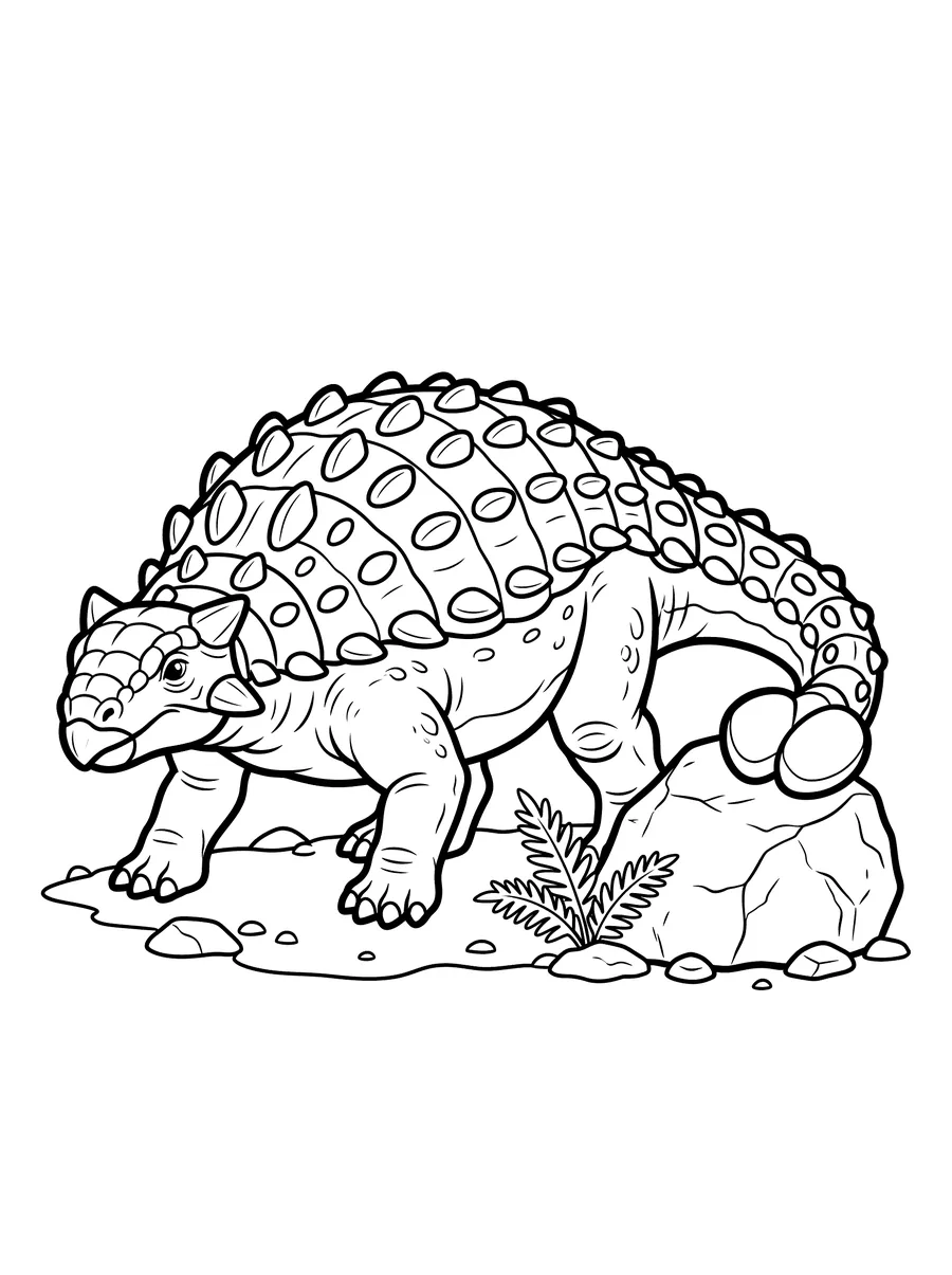 Coloring page of a wide armored ankylosaurus with rows of oval bumps across its back, a bony club at the end of its tail, small fern and rocks nearby