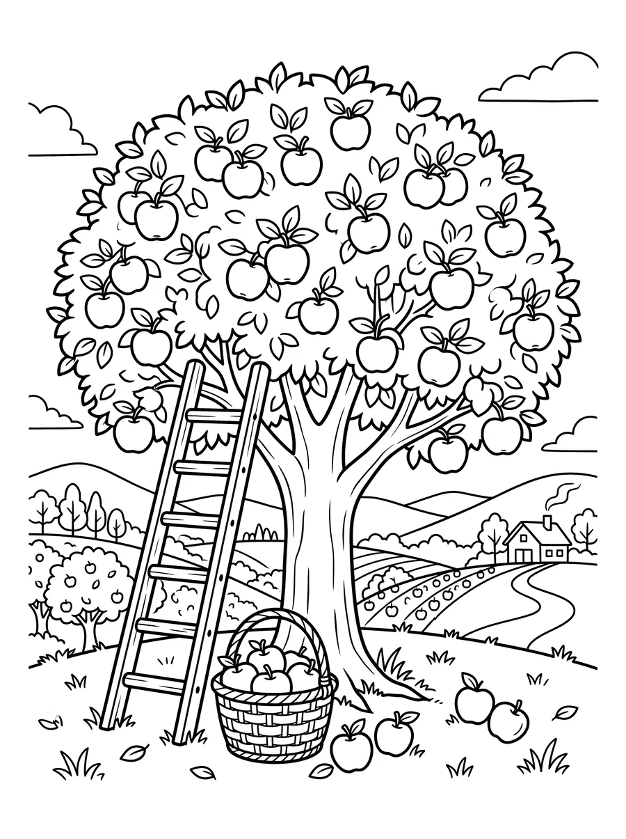 A large apple tree loaded with round apples and a wooden ladder leaning against its trunk, a wicker basket of apples on the ground, apples scattered on the grass, with rolling hills and a farmhouse in the background