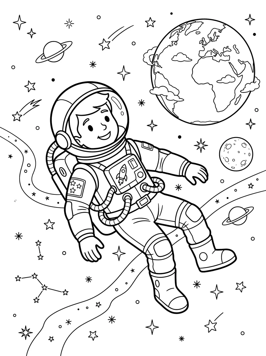 Coloring page of a smiling child astronaut in a spacesuit floating weightlessly in space, with Earth and its continents visible behind them, a ringed planet and a smaller moon visible among the stars