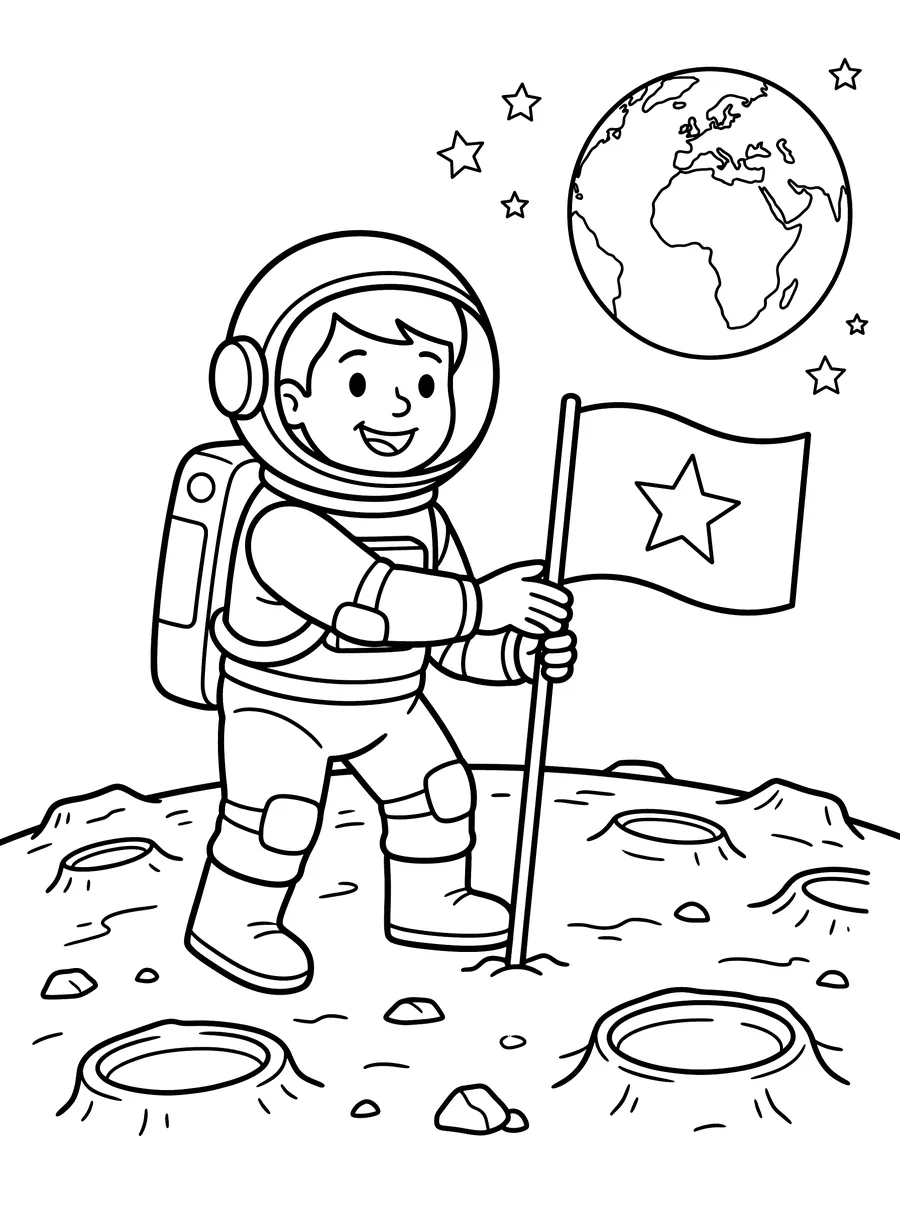 Coloring page of a smiling astronaut planting a flag with a star on the cratered moon surface, with Earth and stars in the sky