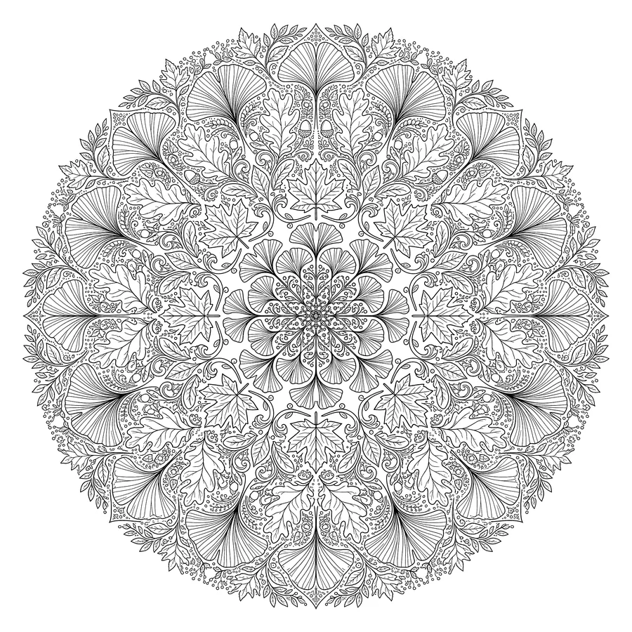 A circular mandala built from symmetrically arranged oak leaves, maple leaves, ginkgo fans, and acorns with fine botanical vein details filling every section