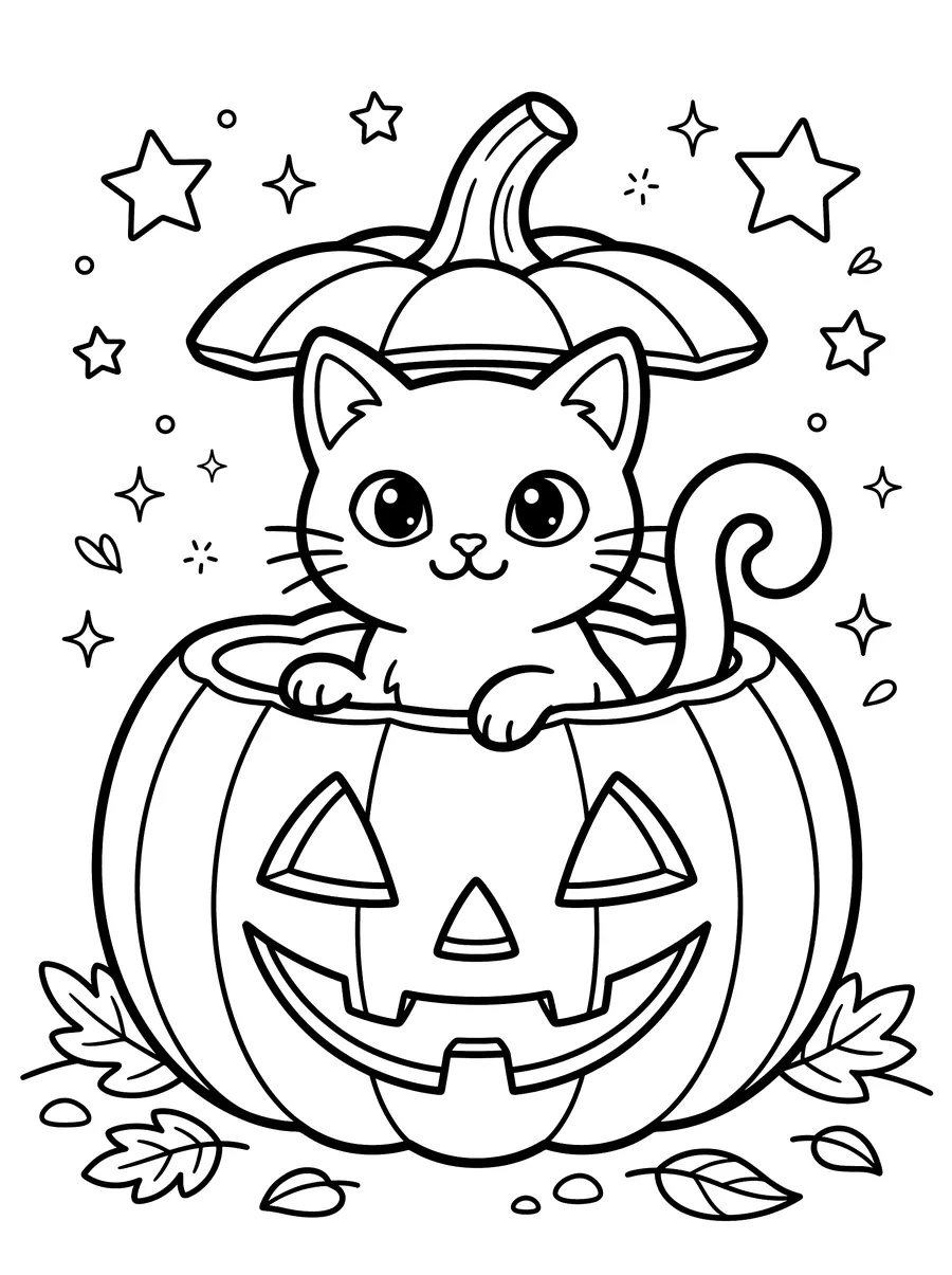 A cute wide-eyed cat with perky ears sitting inside a carved jack-o-lantern with a triangle-eyed smiling face, surrounded by stars and small leaves
