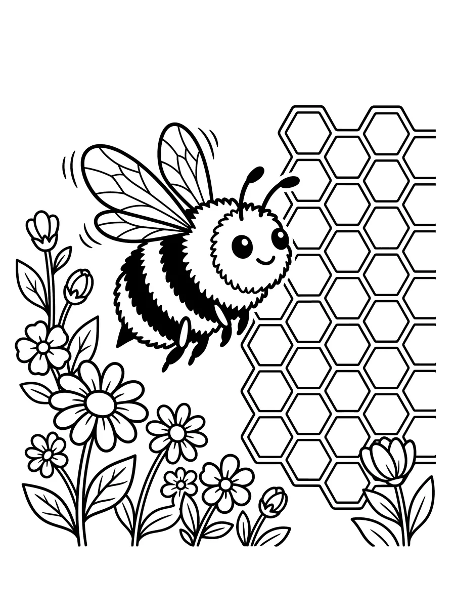 Coloring page of a fluffy round bumblebee with striped body and veined wings hovering beside a large honeycomb panel with hexagonal cells, surrounded by flowers