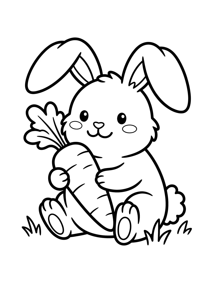 Coloring page of a fluffy round bunny rabbit sitting in grass holding a large carrot with feathery leaves, big floppy ears and a happy face