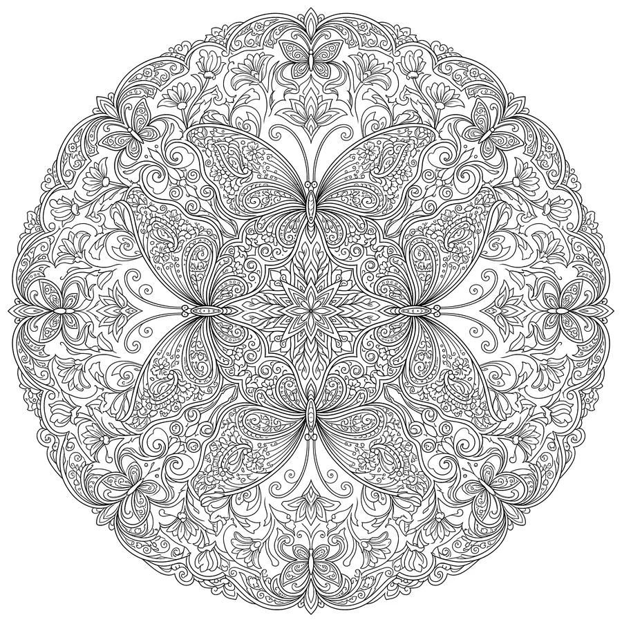 Circular butterfly mandala with four large detailed butterfly silhouettes radiating outward surrounded by intricate floral and paisley scrollwork filling the entire circle