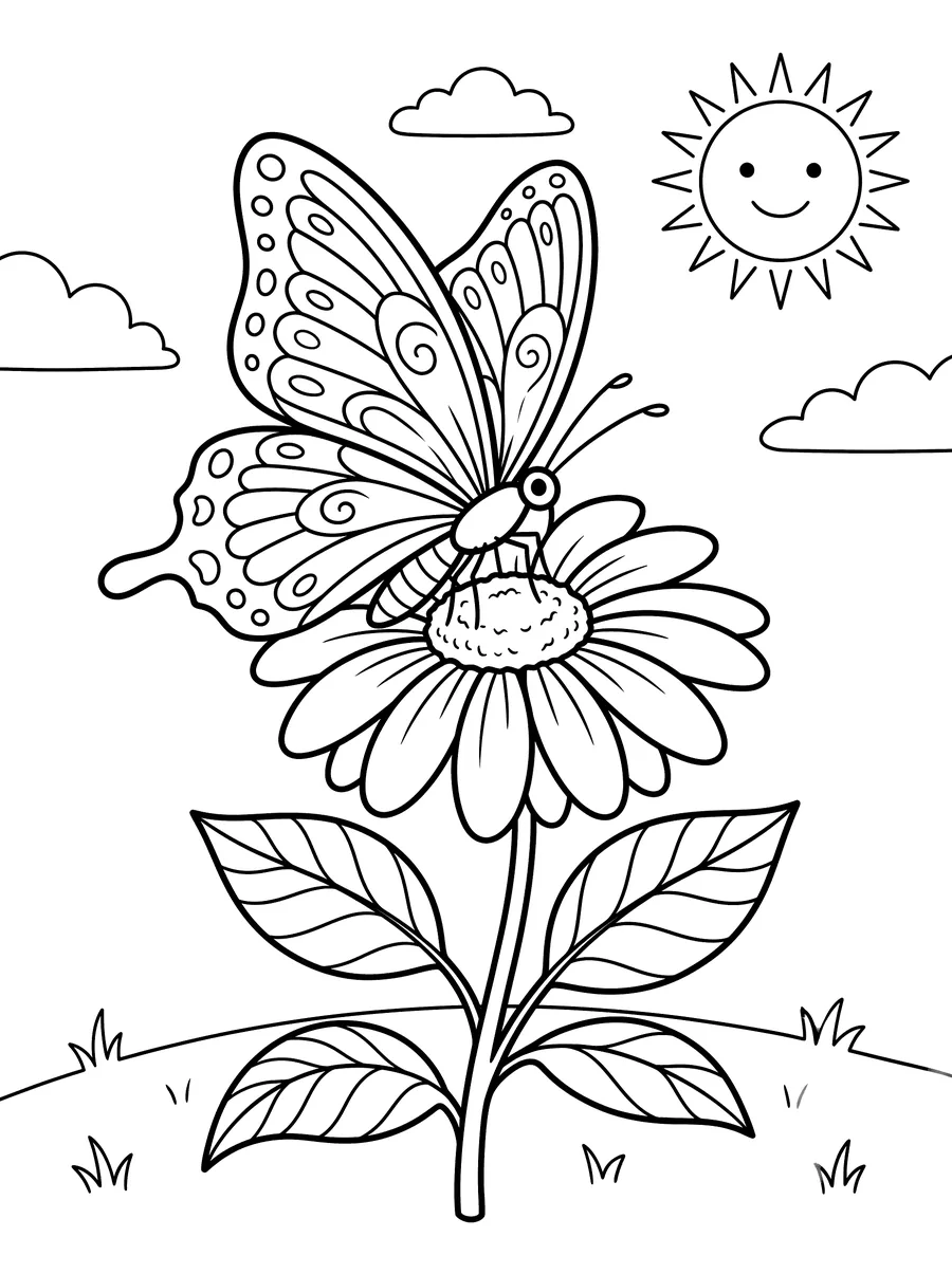 Coloring page of a large patterned butterfly with decorative wing markings perched on a tall daisy flower with stem and leaves, a smiling sun and clouds in a simple background