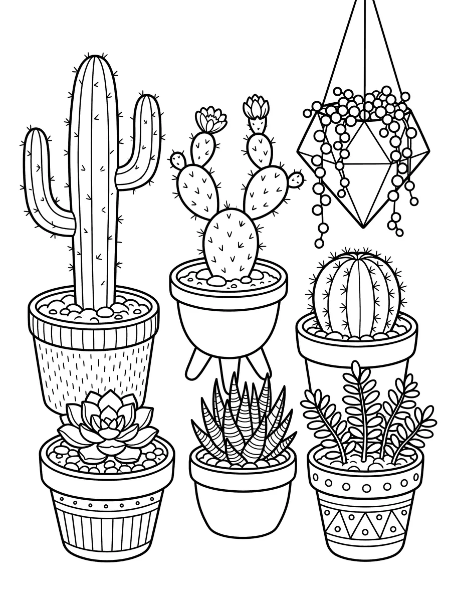 Coloring page of six potted plants including a tall saguaro cactus, prickly pear, barrel cactus, geometric hanging terrarium with string-of-pearls, aloe vera, and jade plant