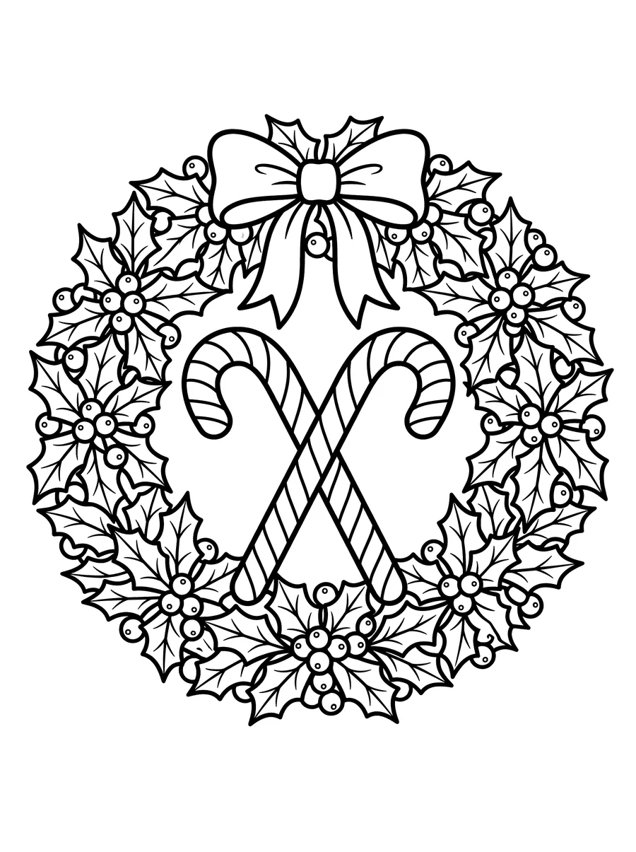 A circular holly and berry wreath with two large candy canes crossed in the center and a decorative bow tied at the top