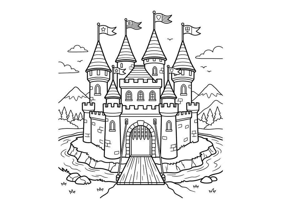 Coloring page of a grand medieval castle with six pointed towers topped with flags, a portcullis gate arch, a drawbridge over a moat, and mountains and pine trees in the background