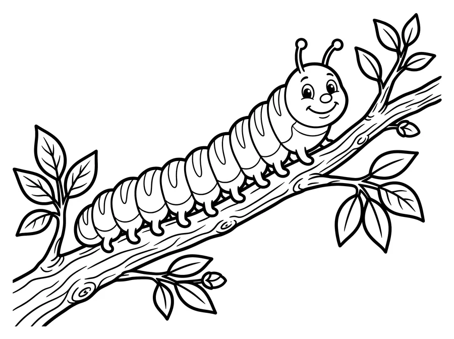 Coloring page of a long smiling caterpillar with many rounded body segments and tiny legs crawling along a tree branch with leaves on either side