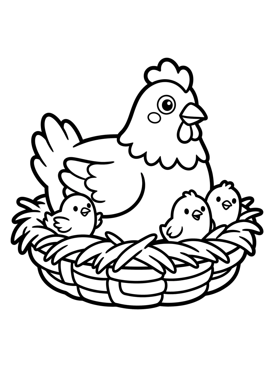 Coloring page of a mother hen sitting in a woven nest with three tiny fluffy chicks peeping out beside her