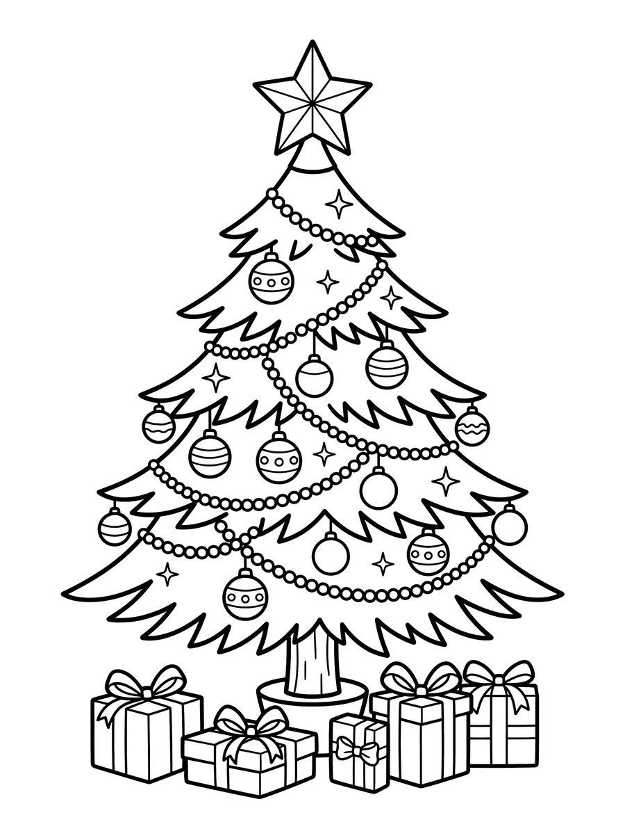 A tall Christmas tree with round ornaments, bead garland, and star on top, with six wrapped presents underneath