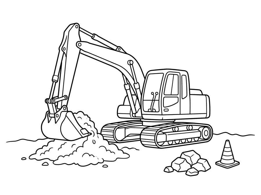 Coloring page of a tracked construction excavator scooping dirt with its bucket, with a pile of rocks and a traffic cone nearby