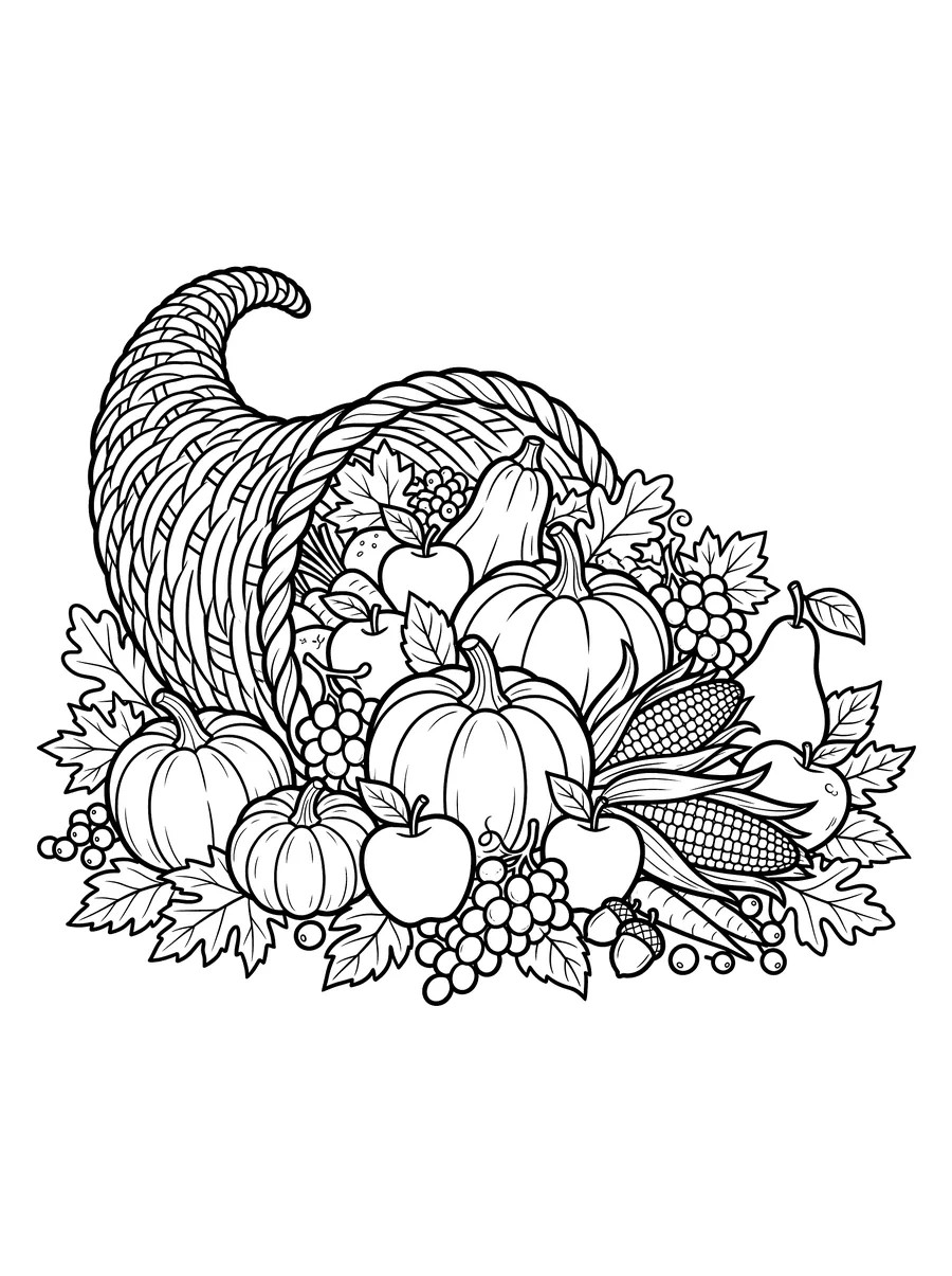 A woven horn-shaped cornucopia spilling out pumpkins, apples, grapes, corn, pears, and autumn leaves in a large harvest arrangement