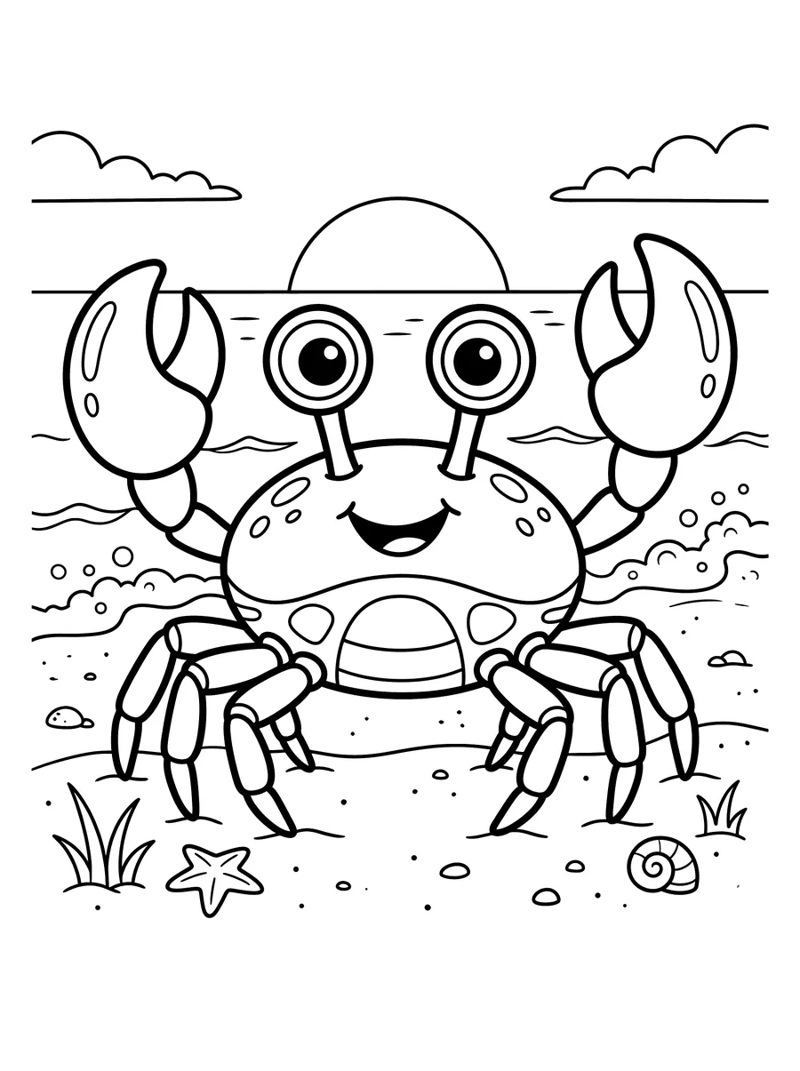 Coloring page of a cheerful crab on a sandy beach with large raised claws, eyes on stalks, a wave in the background, a starfish and shell on the sand