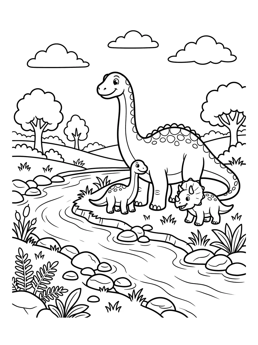 Coloring page of a tall long-necked dinosaur and two smaller young dinosaurs standing beside a winding river with rocks, plants, trees and clouds