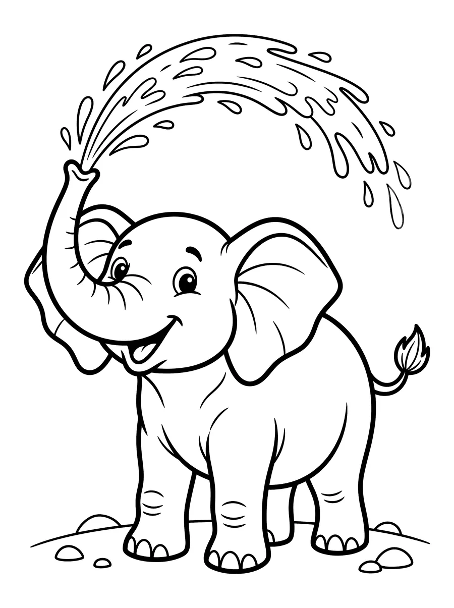 Coloring page of a cheerful young elephant raising its trunk to spray a big arc of water droplets over its head