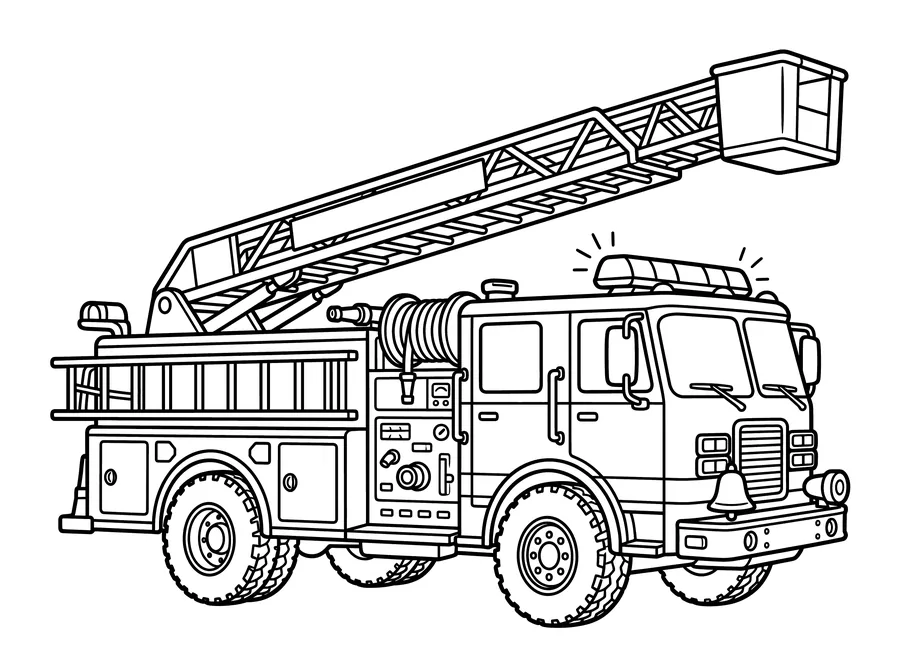 Coloring page of a large fire engine with a tall extended aerial ladder, hose reel, side compartments, large knobby tires, and flashing lights on the roof
