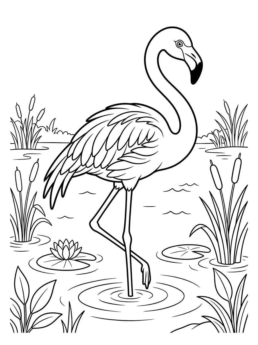 Coloring page of a tall elegant flamingo with a long curved neck, layered wing feathers, and one leg bent, standing in a shallow pond with water ripples, cattails, and a water lily