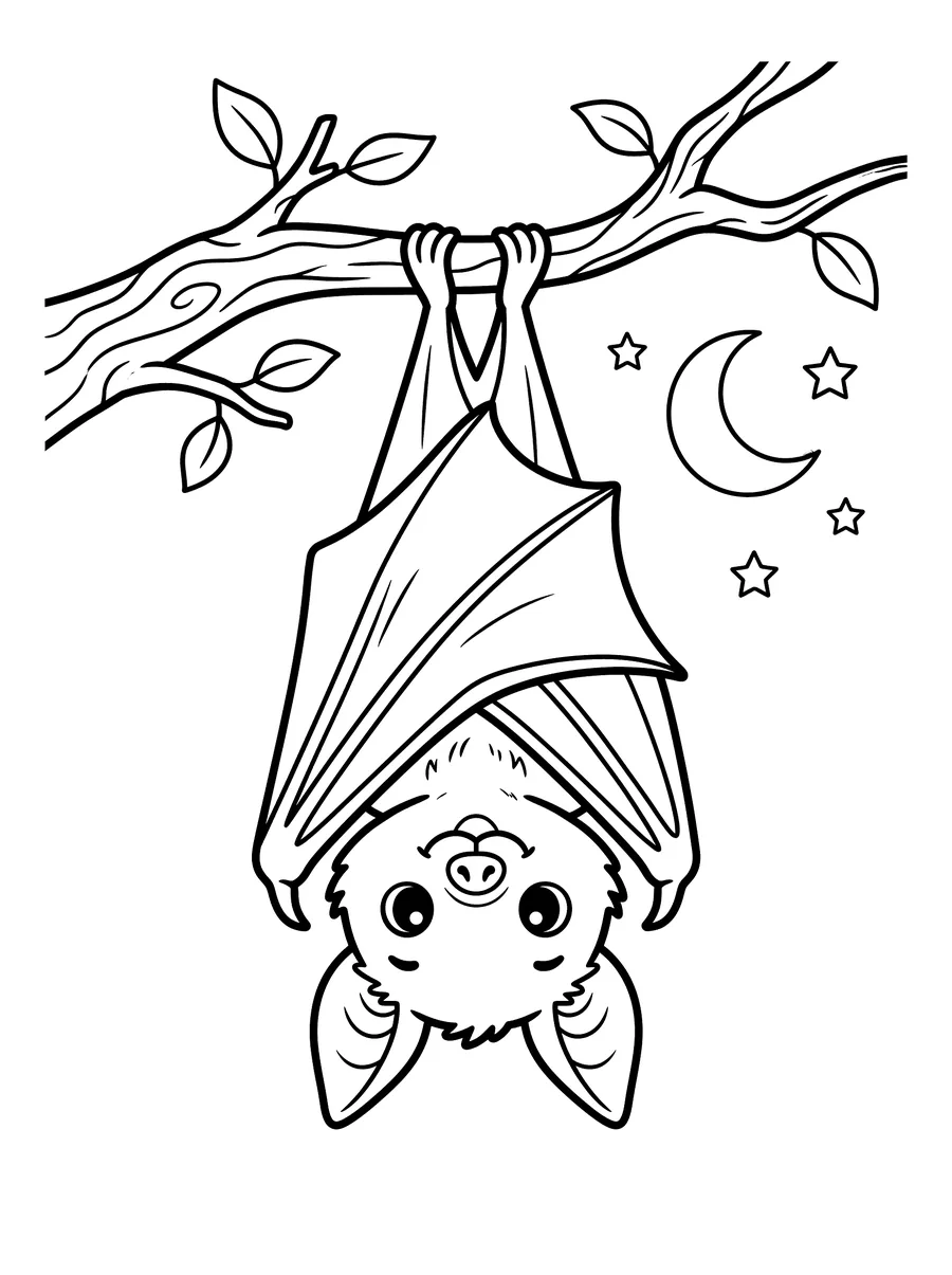 A cute cartoon bat hanging upside down from a tree branch, wings folded around its body, big eyes and smile, with a crescent moon and stars in the background
