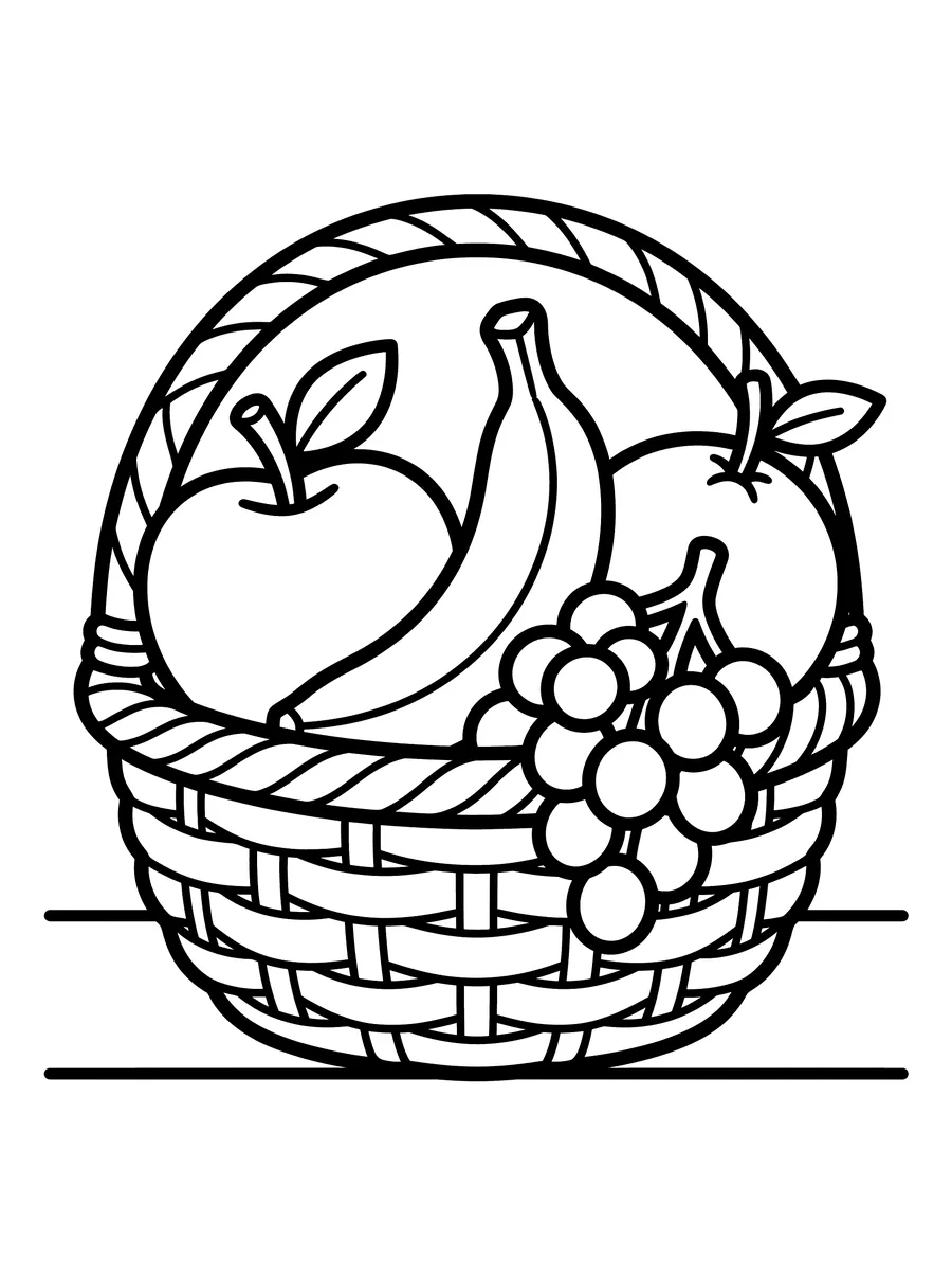 Simple woven basket filled with an apple, banana, orange, and bunch of grapes with big simple outlines