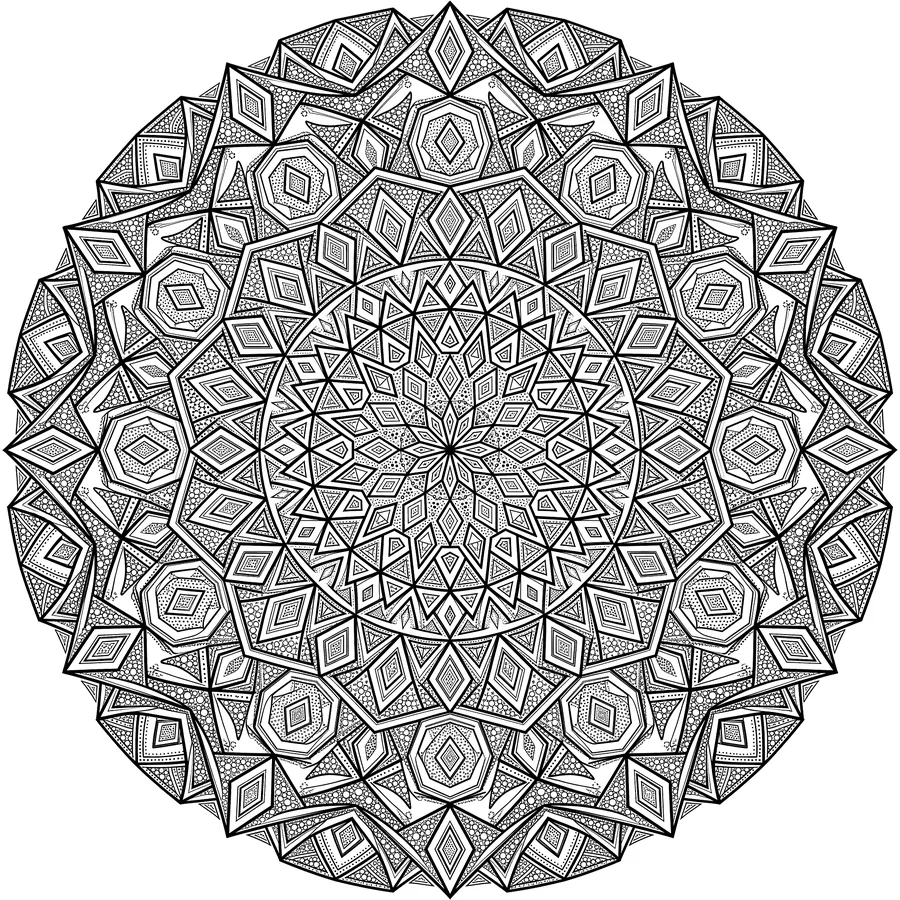 Complex circular geometric mandala with repeating diamond shapes, triangles, pentagons, and fine dot patterns arranged in dense concentric rings