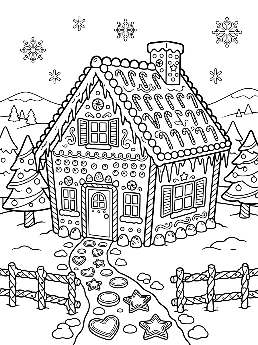 A detailed gingerbread house with candy cane roof decorations, round candy buttons on the walls, icicles, a pretzel-style fence, and a cookie-shaped path, surrounded by decorated Christmas trees and snowflakes