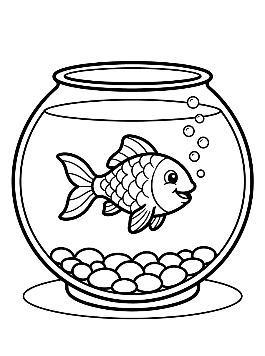 Coloring page of a smiling goldfish with scales inside a round fish bowl with bubbles rising up and pebbles at the bottom