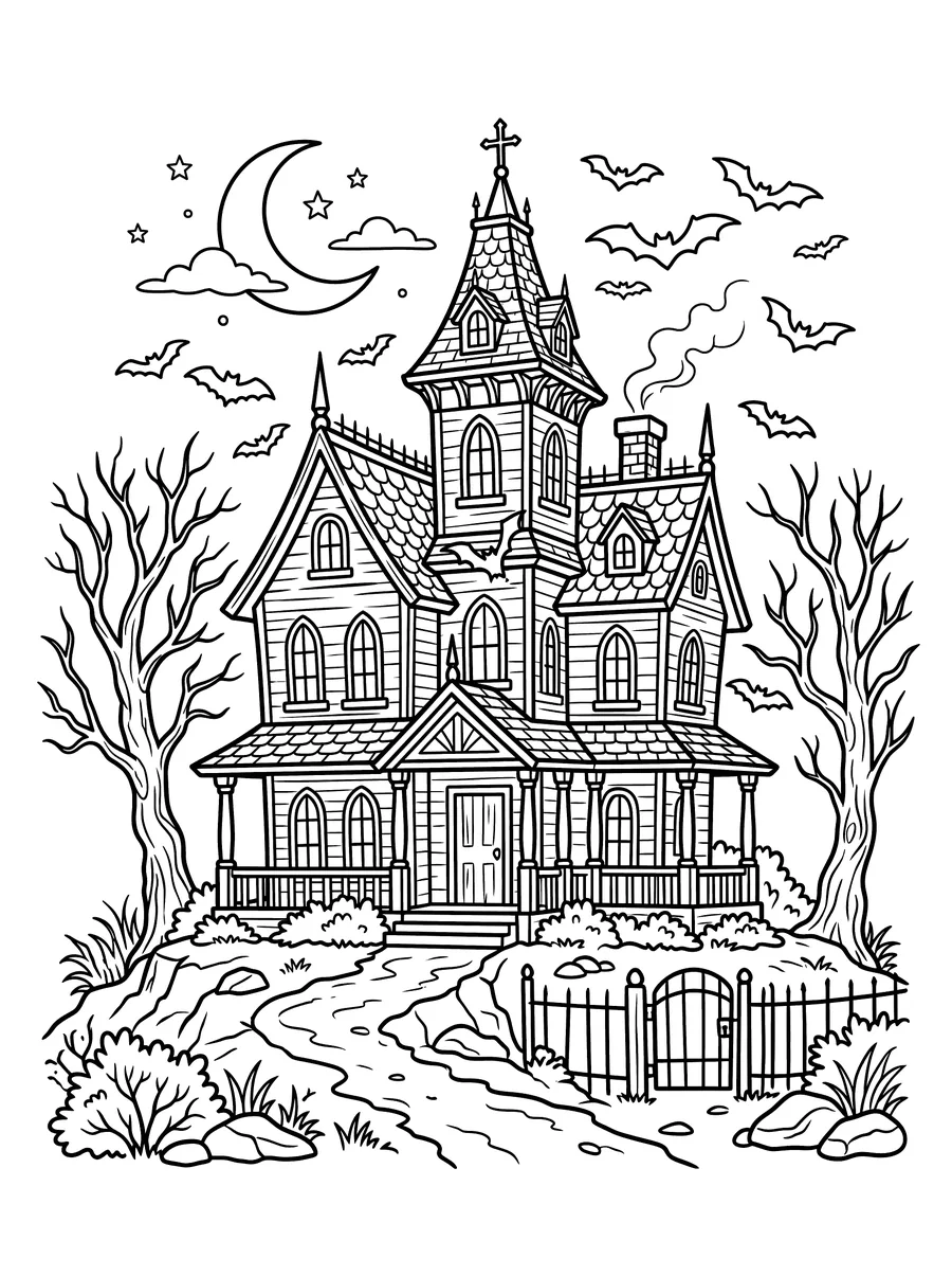 A tall Victorian haunted mansion with arched windows and a pointed tower surrounded by bats flying in a night sky with a crescent moon and bare trees on either side