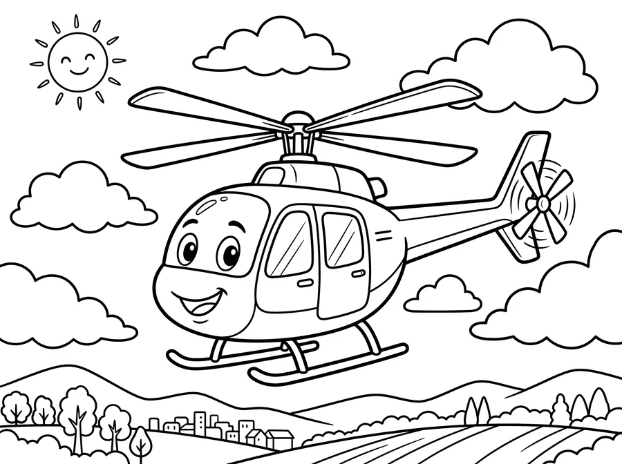 Coloring page of a friendly cartoon helicopter with a smiling face, main rotor blades, tail rotor, and skid landing gear flying above a landscape with clouds and a sun
