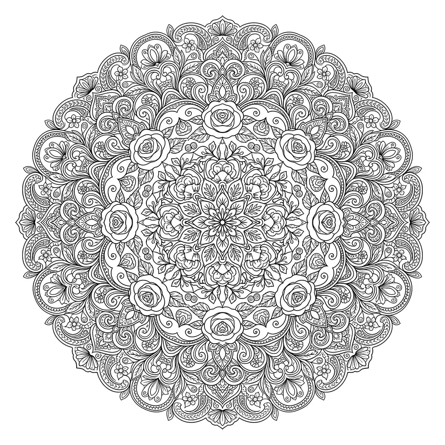 Intricate circular floral mandala with layered roses, scrolling vines, paisley shapes, and tiny flowers arranged in symmetrical concentric rings
