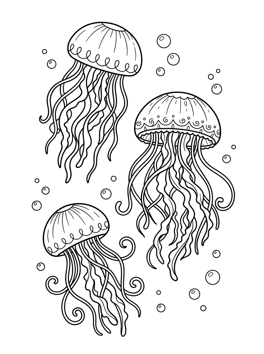 Coloring page of three jellyfish of different sizes floating in open water, each with a domed bell and long trailing tentacles, small bubbles around them