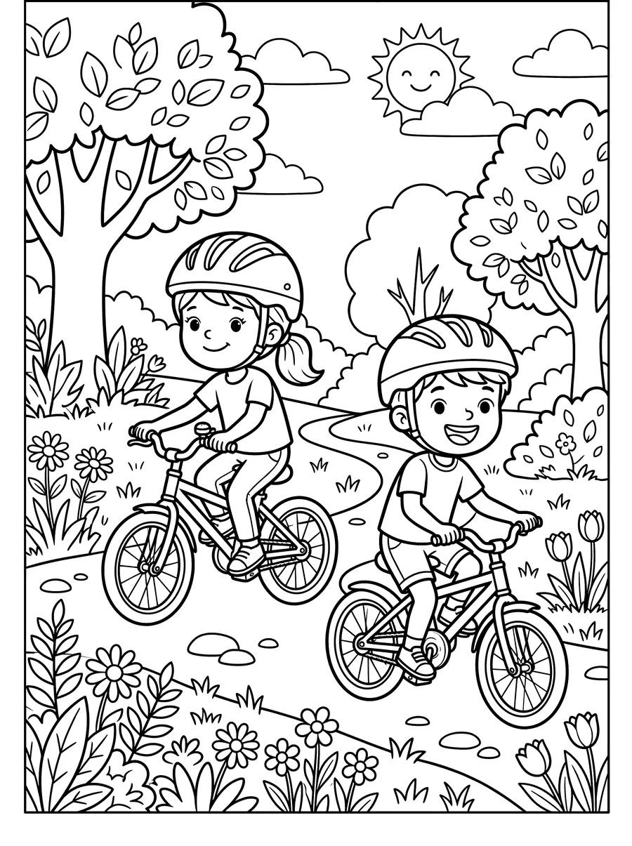 Coloring page of a girl and a boy in helmets cycling along a park path with trees, flowers, and a smiling sun in the sky