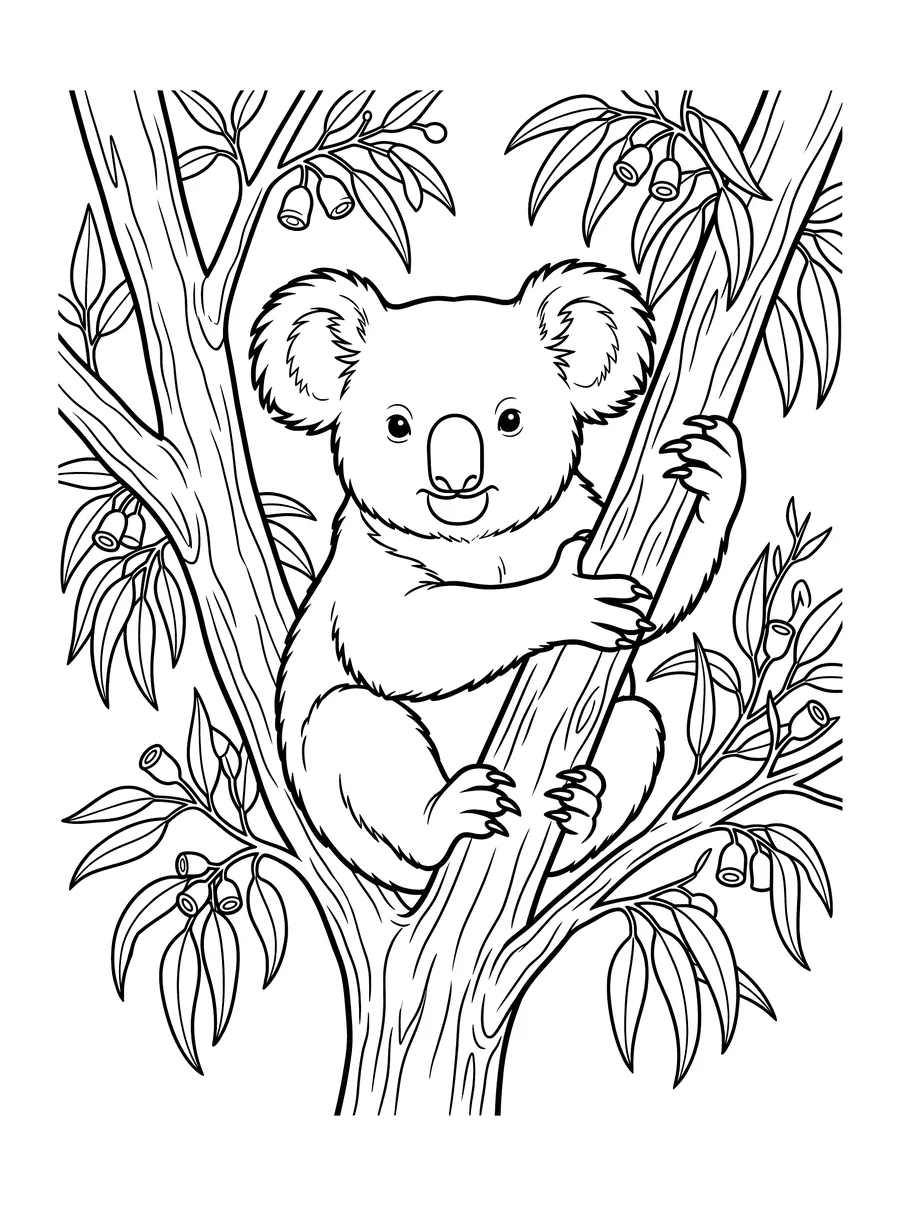 Coloring page of a koala gripping a eucalyptus tree trunk with both clawed hands, surrounded by long narrow leaves and small seed pods