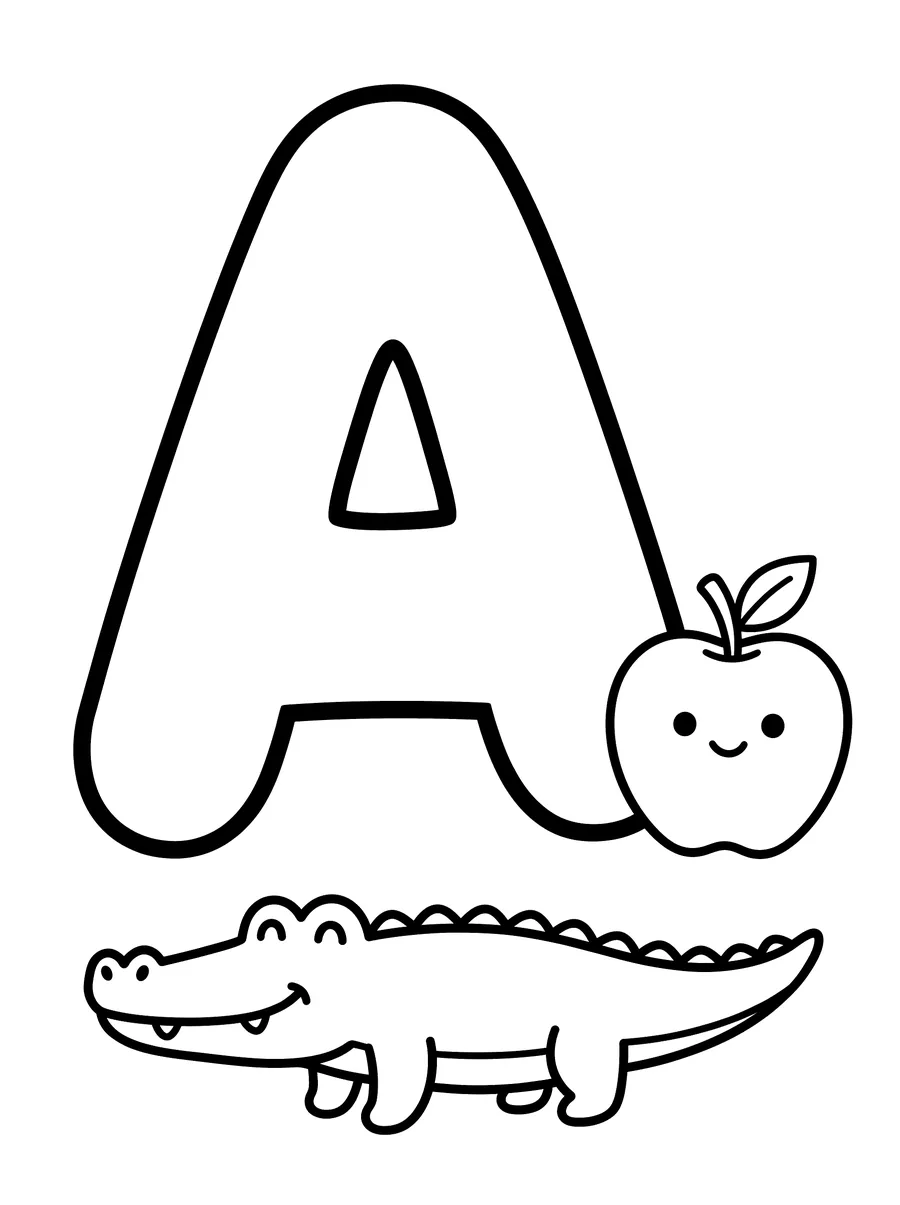 Large bubble letter A with a cute smiling apple beside it and a friendly smiling alligator below