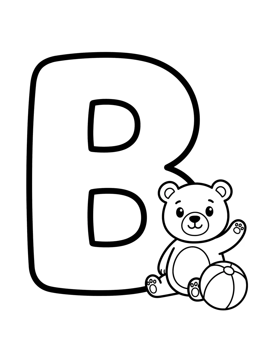 Large bubble letter B with a cute waving bear cub sitting beside it holding a striped ball