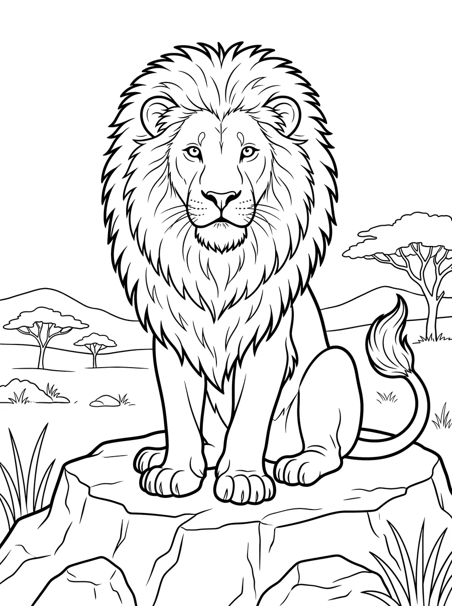 Coloring page of a majestic male lion sitting on a rock on the savanna, with a large flowing mane, acacia trees and rolling hills in the background