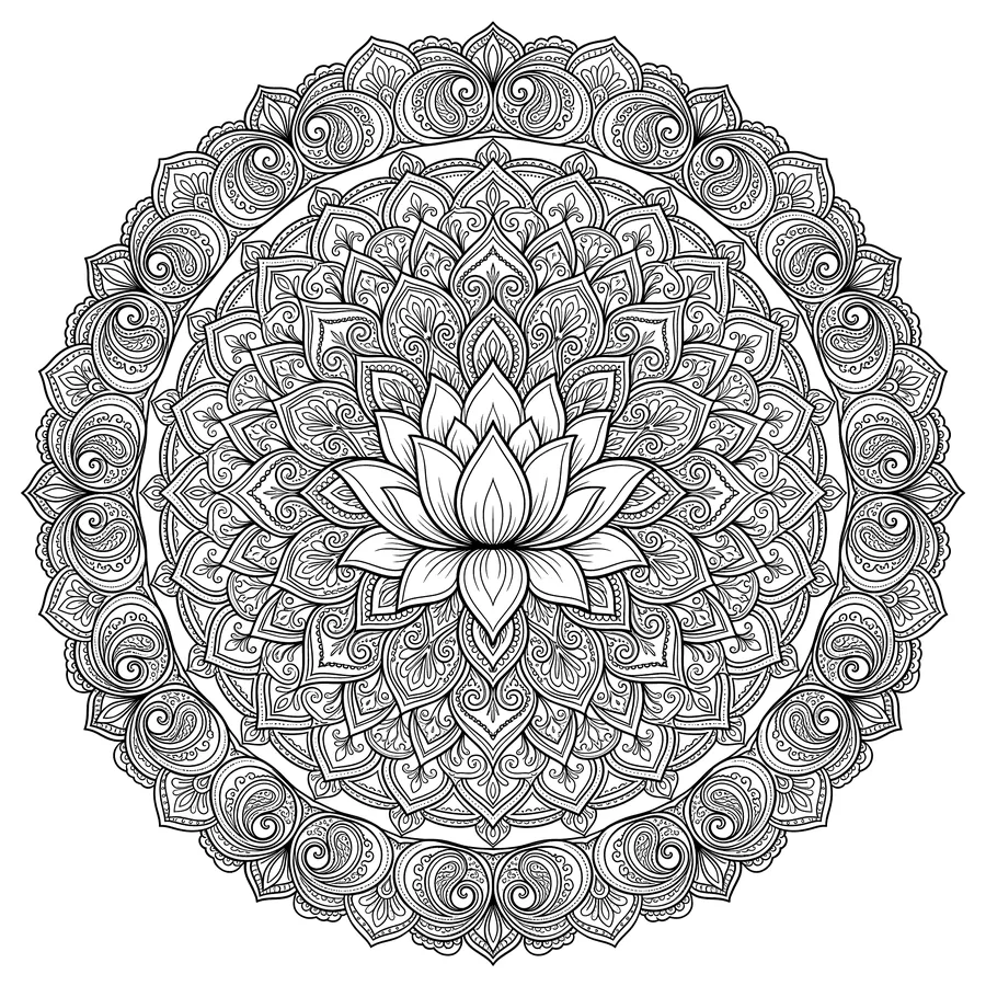 Intricate circular lotus mandala with an open lotus bloom at center surrounded by layered petal rings, paisley scrollwork, and fine dot patterns filling every section