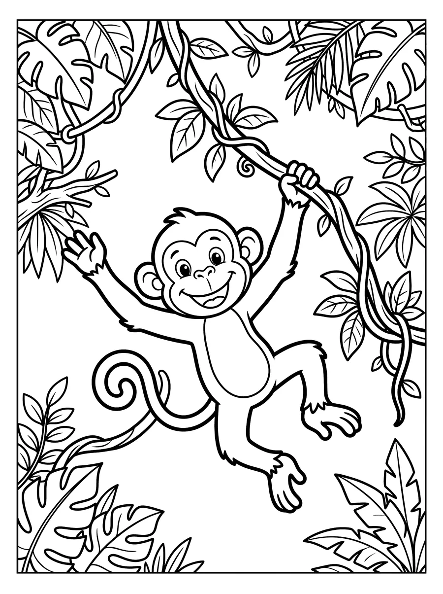 Coloring page of a smiling monkey hanging from a jungle vine with one hand, other arm outstretched, a curling tail and tropical leaves surrounding it