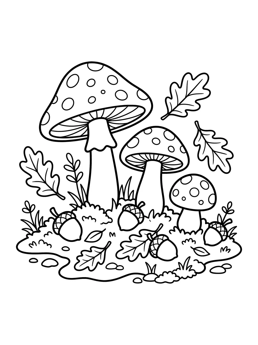 Three spotted mushrooms of different sizes growing from mossy ground, surrounded by acorns, oak leaves, small plants, and grass