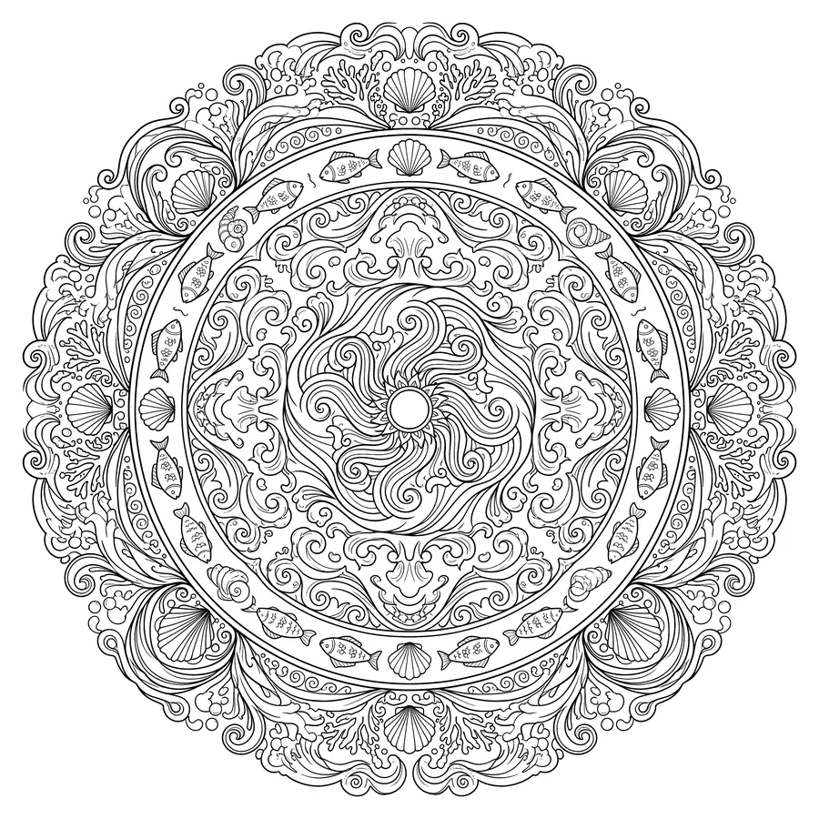 Circular ocean mandala with spiraling waves at center, rings of small fish and shells, coral and seafoam scrollwork filling the outer border