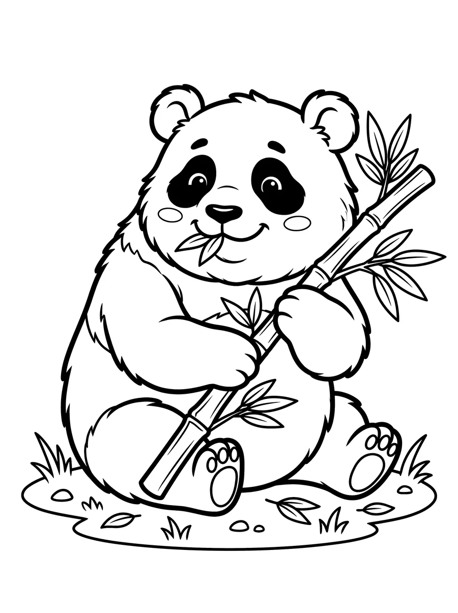 Coloring page of a fluffy panda sitting on the ground holding a bamboo stalk with both paws and munching leaves, bamboo leaves scattered around