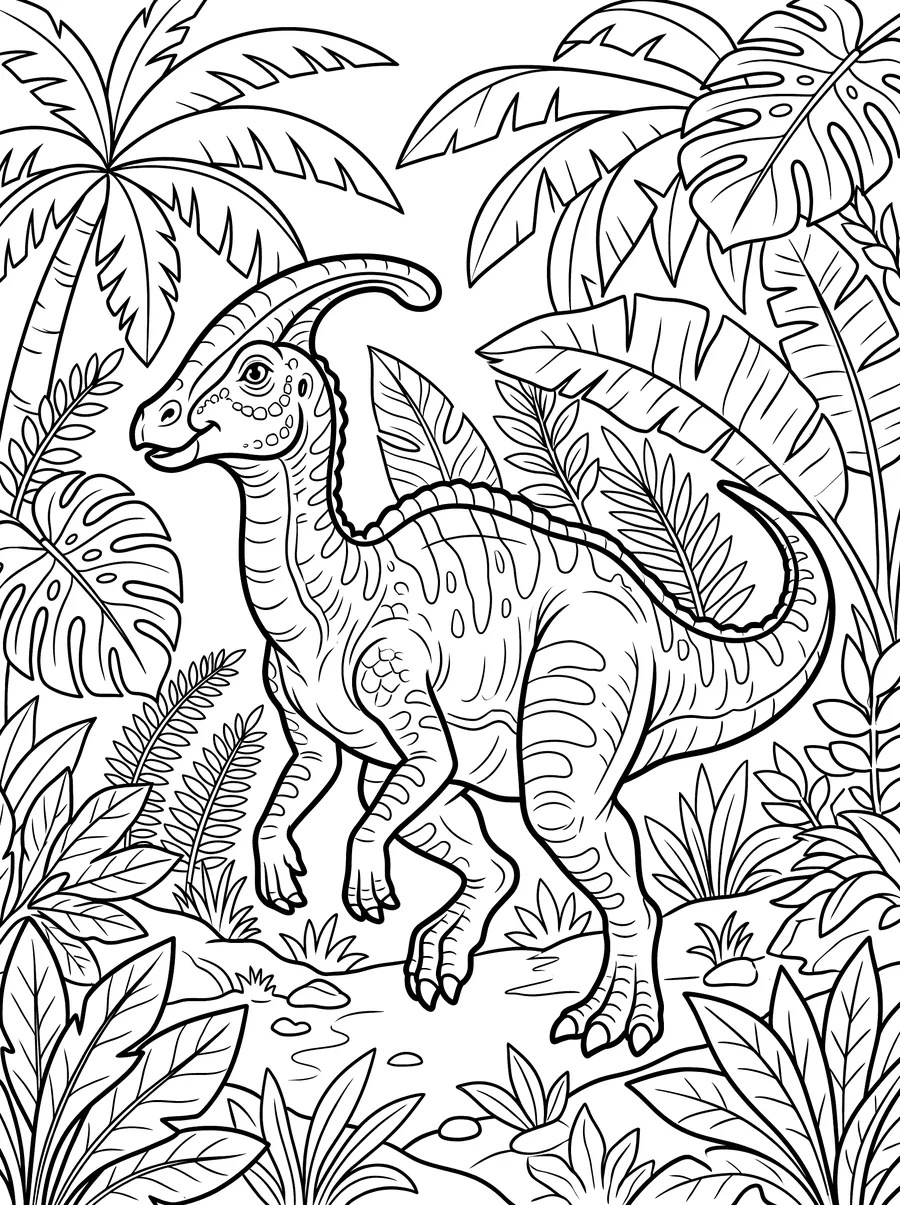 Coloring page of a parasaurolophus with its long curved head crest walking through a dense tropical jungle of palm fronds, monstera leaves and ferns