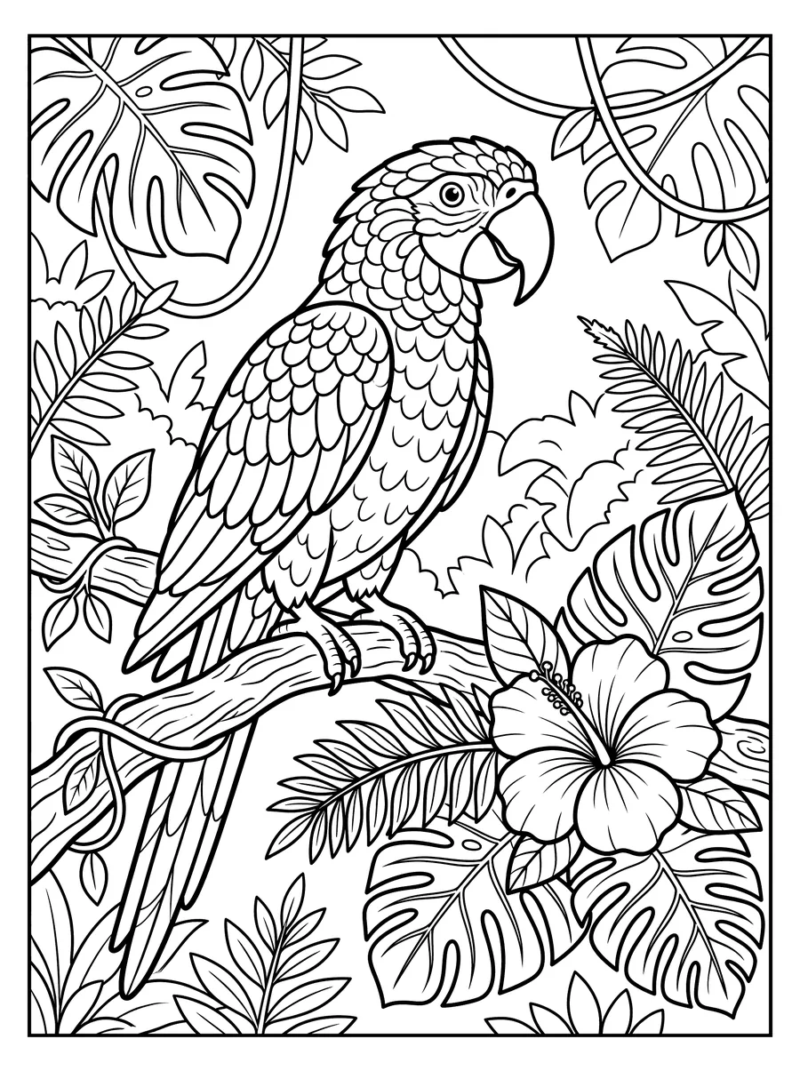 Coloring page of a parrot perched on a branch surrounded by large monstera leaves, vines, and a hibiscus flower