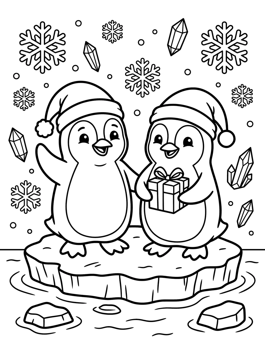 Two cute penguins wearing Santa hats standing on a floating ice chunk, one waving and one holding a small gift, surrounded by snowflakes and ice crystals