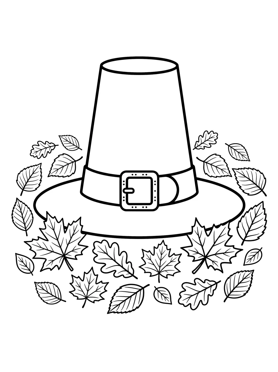 A tall black pilgrim hat with a square buckle and band centered on the page, surrounded by a ring of autumn maple, oak, and birch leaves of different shapes
