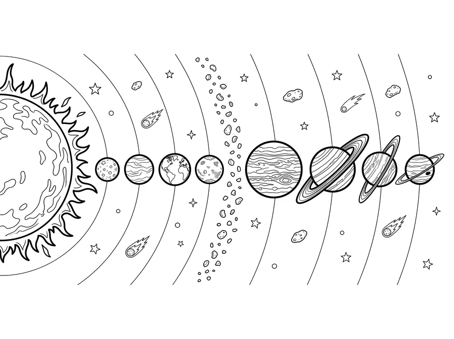 Coloring page of all eight planets and the sun arranged in a wide row, each showing distinct surface patterns and rings where applicable, with the asteroid belt between Mars and Jupiter and stars throughout