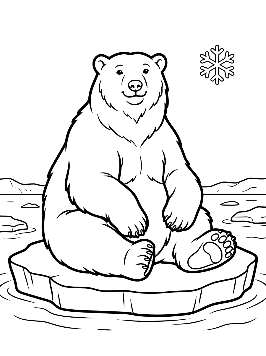 Coloring page of a large polar bear sitting on a flat ice floe surrounded by Arctic ocean water, a decorative snowflake in the upper corner