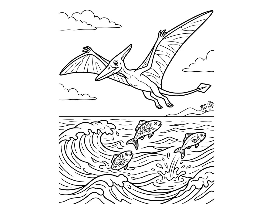 Coloring page of a pterodactyl soaring above ocean waves with fish leaping from the water below and clouds and palm-dotted islands in the background