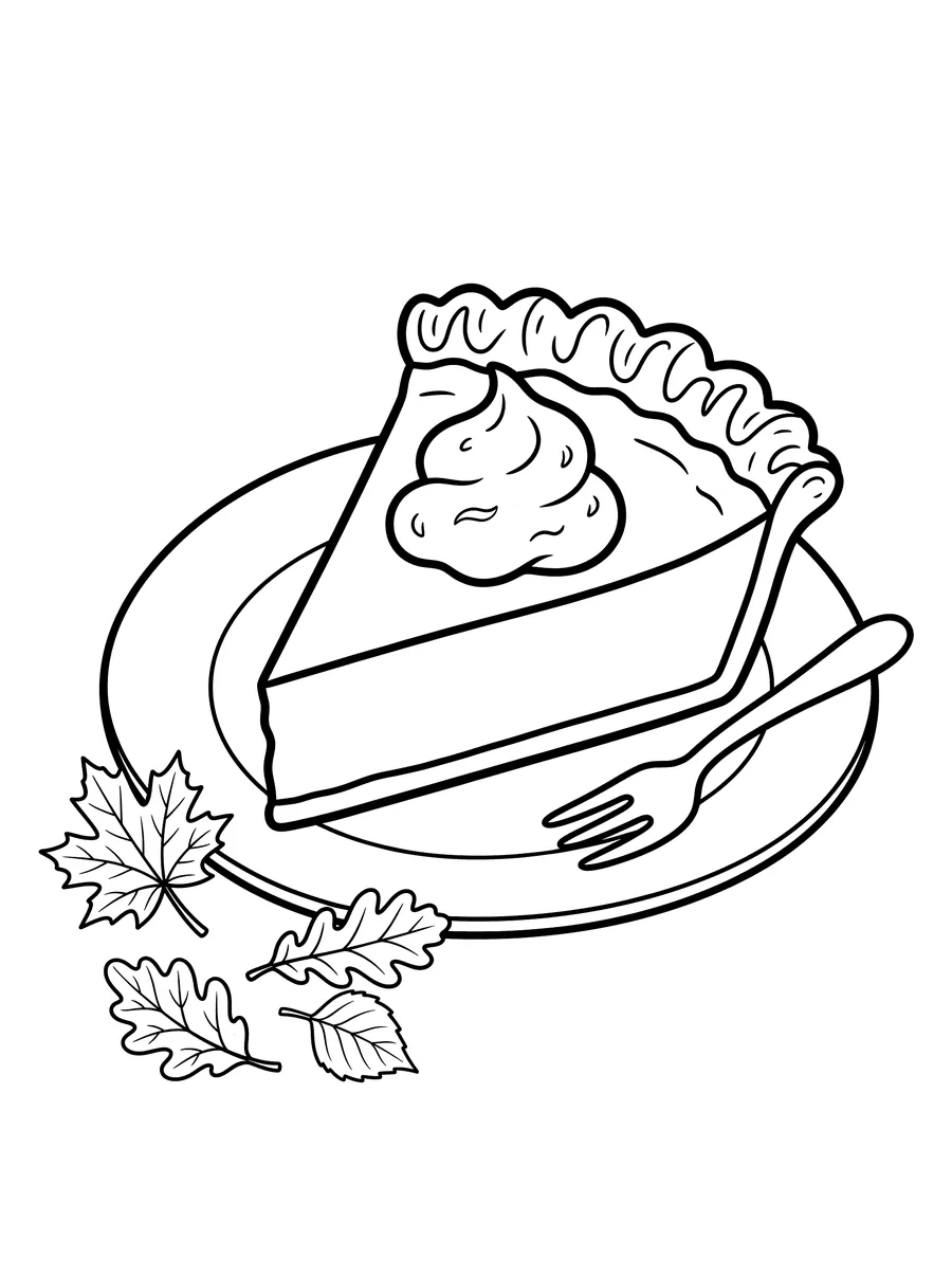 A slice of pumpkin pie with a crimped pastry edge and a swirl of whipped cream on top, sitting on a plate with a fork, surrounded by autumn leaves